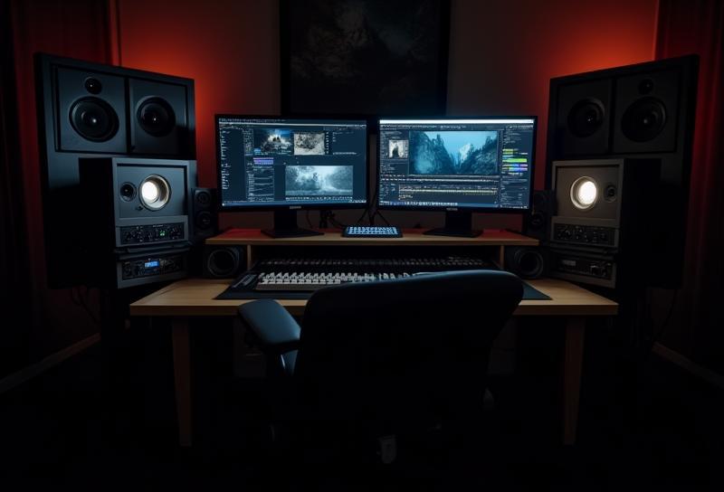 Editing suite setup with multiple monitors