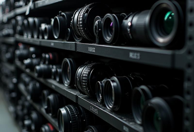 Rack of camera lenses and accessories