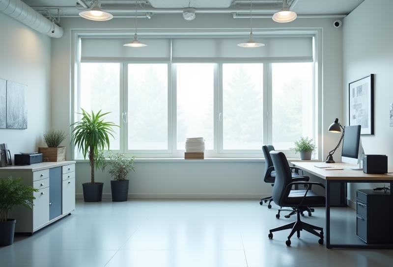 Clean production office space with desk